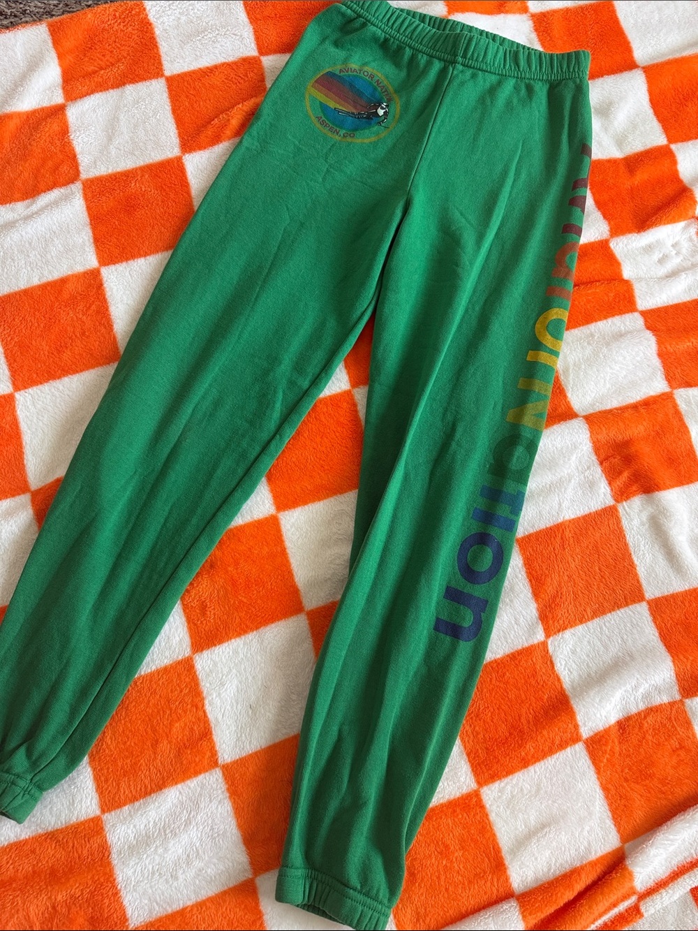 Aviator Nation Green Joggers with Rainbow Logo